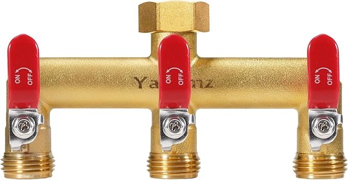 Garden Hose Splitter, 3/4” Rust and Freeze Resistant Outdoor Hose Manifold with 3 Red Extra Long Handles Faucet Adapter-Heavy Duty Brass 3-Way Valve