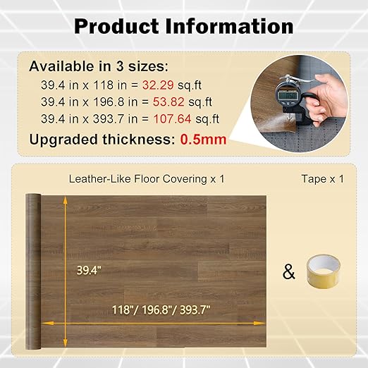 Freshtour Vinyl Flooring Roll, Versatile Removable PET Leather-Like Floor Covering, Waterproof & Durable, Easy Tape Installation, Cost-Effective for Any Room, Nature Oak/ 53.82 Sq.ft (39.3" x 197")