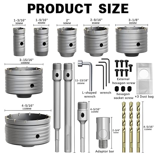 22PCS Concrete Hole Saw Kit, 30/40/50/65/80/100/110mm, Alloy Steel, Silver, Industrial, Hole Saw Set, Compatible with Stone, Brick, Cement, Wall Drilling