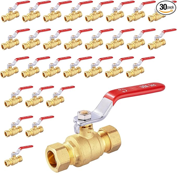 1/2" Ball Valve, 30 Pack Compression Shut Off Valves Red, Quarter Turn Brass Full Port Shut Off Ball Valve for Hot and Cold Water, NSF/ANSI 61 Certified