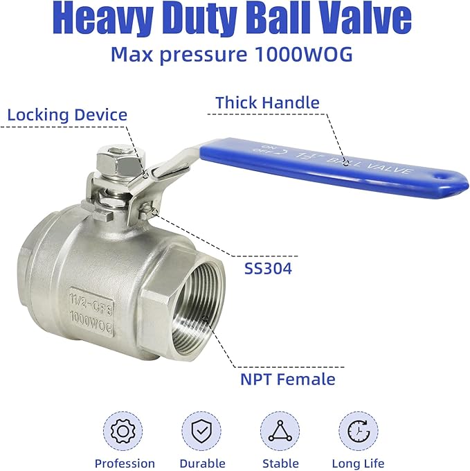 YADIAN 2 Pack 1-1/2'' Ball Valves Stainless Steel 304 NPT Female Full Port Ball Valve Heavy Duty Shut Off Valve 1-1/2 inch for Water, Oil, and Gas with Locking Device, 1000 WOG
