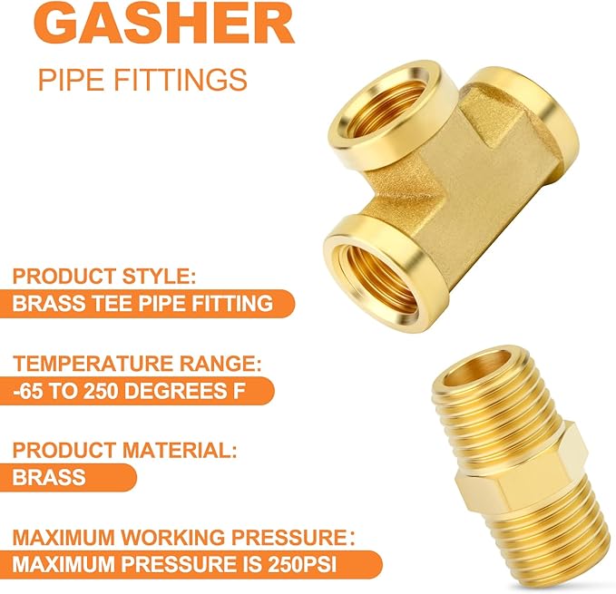 GASHER 2PCS Brass Tee Pipe Fittings, 1/8" NPT Female x 1/8" NPT Female x 1/8" NPT Male Pipe Fittings, Male Run Tee