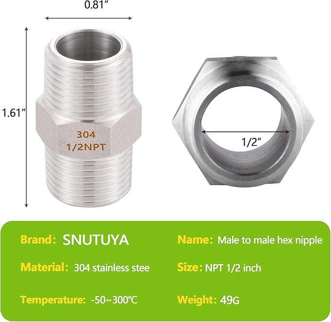 4PCS Hex Nipple 1/2" Male x 1/2" Male Pipe Fittings, 304 Stainless Steel 1/2 inch NPT Male Threaded Pipe Adapter Fittings, Male Straight Connector Pipe Fitting