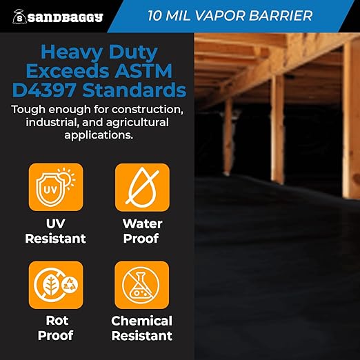 Sandbaggy 20 ft x 100 ft Vapor Barrier 10 Mil | Polyethylene | Black Plastic Sheeting Rolls | Moisture Barrier for Crawl Spaces, Concrete and Laminate Underlayment, Walls (1 Roll)