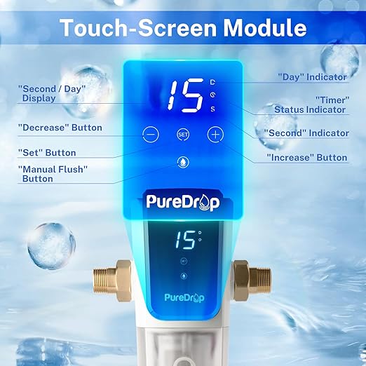 PDR-ARB50WSP Spin Down Sediment Water Filter, Auto Flushing Module with Touch-Screen, Reusable Whole House Sediment Filter for Well Water w/Scraper, 50-Micron Prefilter Filtration System