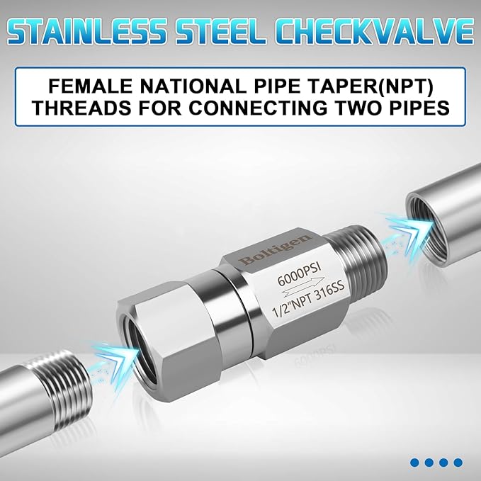 Boltigen 1/2 NPT One Way No Return Check Valve, High Pressure 6000PSI Spring Check Valve, Stainless Steel 316 In-line Ball Check Valve for Well, Pump, Tank, Backflow Prevention