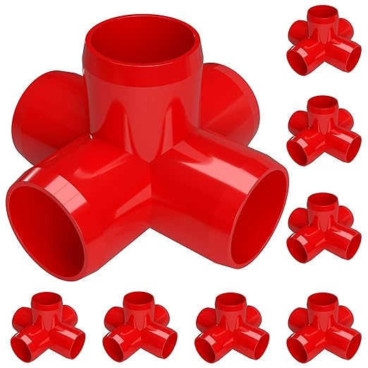 FORMUFIT 3/4" 5-Way Cross Furniture Grade PVC Fitting in Red, Made in USA, UV-Resistant, Impact-Proof, 1.050” Actual Socket Diameter (Pack of 8) - F0345WC-RD-8