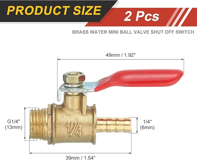 uxcell 4Pcs Brass Water Mini Ball Valve Shut Off Switch, G1/4" Male x 1/4" Hose Barb, 180 Degree Operation Handle, Brass Valve