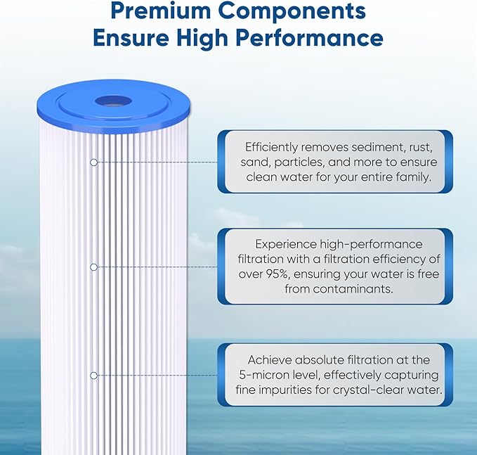 PUREPLUS 4.5"x 20" 3-Stage Whole House Water Filter Cartridge Combo Kit with Pleated Sediment, Iron & Manganese Reduce, and Activated Carbon Block Filter - 5 Micron Water Filtration Replacement Kit