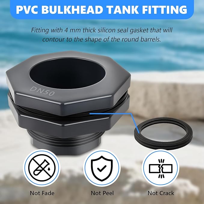 Bulkhead Fitting 2 Inch PVC - Heavy-Duty Plumbing Kit for Water Tank, Aquariums, Rain Barrels & Pools with Reinforced Seals (2 Inch)