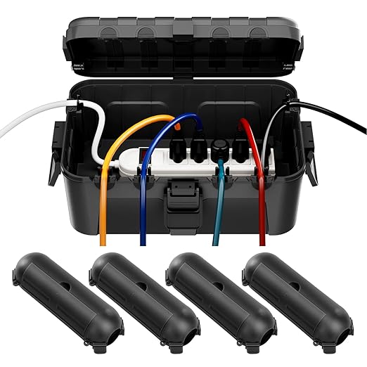 RESTMO 5-Piece Outdoor Waterproof Electrical Box Set – 12.5" x 8.5" x 5" Large & 7.1" x 2.3" x 2.3" Small, Weatherproof Boxes for Power Strip, Outlet, Plug, Socket, Timer, Holiday Light, Black