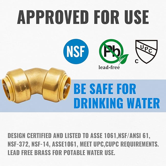 SUNGATOR 3/4 Inch 45 Degree Elbow, No Lead Brass Push to Connect Plumbing Fittings to Connect PEX Pipe, Copper, CPVC, PE-RT, with 1 Disconnect Clip, Pack of 6