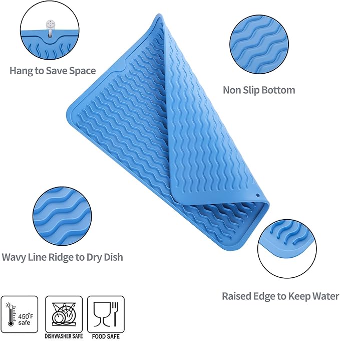 Silicone Dish Drying Mat for Multiple Usage,Easy clean,Eco-friendly,Heat-resistant Silicone Mat for Kitchen Counter or Sink,Refrigerator or drawer liner Lichen BlueL L 16 inches x 12 inches