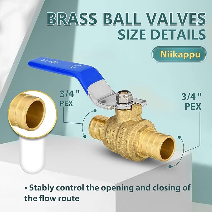 100 Pack Ball Valves, 3/4" Pex Crimp Shut Off Valve Blue, Brass Full Port Pex B Shut Off Ball Valve for Hot and Cold Water, NSF/ANSI 61 Certified