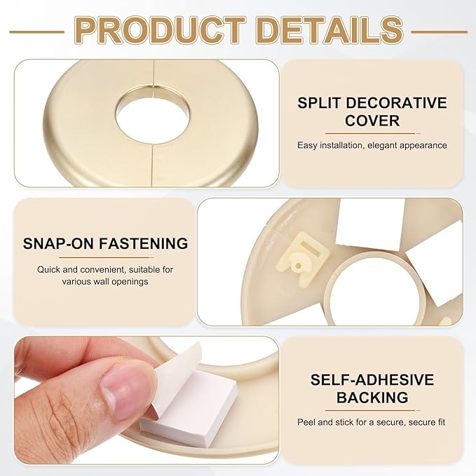PATIKIL Wall Split Flange 85mm / 3.3" OD, 4 Pcs Round Escutcheon Plate Cover PPR Plumbing Cover Plates with Self-Adhesive Tape for 26.5mm / 1" Dia Water Pipe Faucet, Gold