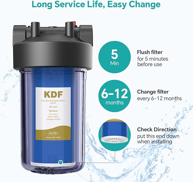 SimPure Whole House Water Filter Cartridges 10" x 4.5" GAC/KDF Carbon and Heavy Metal Filter, for DB10C-2KDF, DB10P, WGB21B-KS, FG15B-KS, GE FXHTC, GXWH40L, 2 Pack
