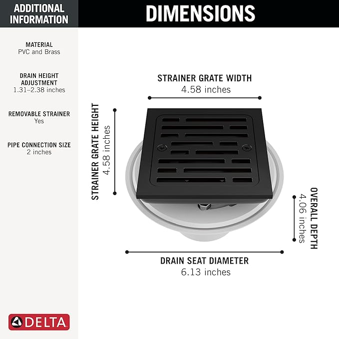 Delta Faucet 4 Inch Tile-In Square Shower Floor Drain Black, Shower Drain Kit, Square Shower Drain, Chrome Shower Drain, Shower Floor Drain, Matte Black DT062412-BL