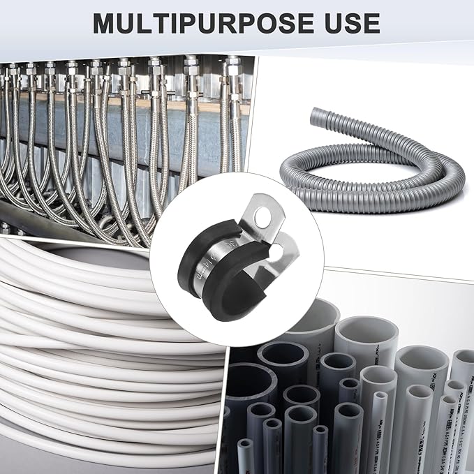 25-Pack Cable Clamps, 9/16 Inch/ 14 mm 304 Stainless Steel Rubber Cushioned Insulated Cable Clamp R Shape Metal Holder for Tube/Wire/Pipe/Loop Installation
