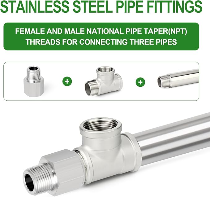 TAISHER 2PCS 304 Stainless Steel Tee Pipe Fittings, 1" NPT Female x 1" NPT Female x 1" NPT Male Pipe Fittings, Male Run Tee