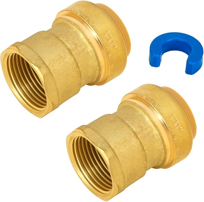 SUNGATOR Pushfit Female Adapter, 1 Inch Push x 1 Inch FNPT Adapter, No Lead Brass Push to Connect Plumbing Fitting to Work with Pex, Copper, CPVC, with 1 Disconnect Clip, Pack of 2