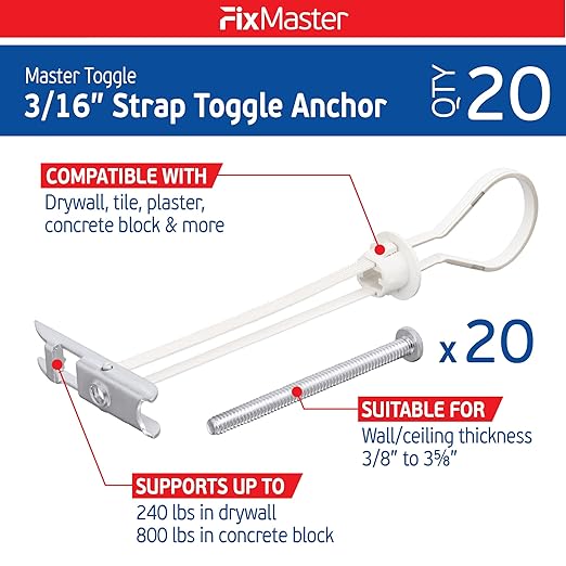 3/16" Heavy Duty Master Toggle-Bolt Strap Anchors (20 Pack) w/ 20 Steel Threaded Studs - 3/16"-24 UNC Fastener Size - Great for TV mounting, 240 lb Holding Strength