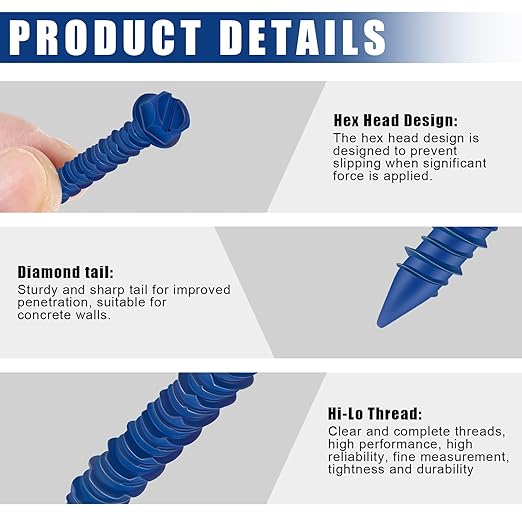 200 Qty 3/16" x 2-3/4" Hex Head Concrete Screws Anchor with Drill Bits Blue Slotted Hex Screws for Anchor Masonry, Block, Brick, Cement, Stucco, Diamond Point and Wood Fastening