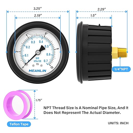 MEANLIN MEASURE 0~10Psi Stainless Steel Liquid Filled Pressure Gauge 1/4" NPT 2.5" FACE DIAL with Rubber Protective Sleeve, Center Back Mount