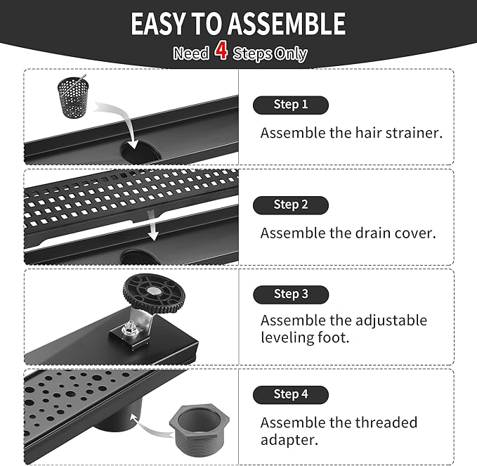 Linear Shower Drain 32 Inch Rectangular, SUS-304 Stainless Steel Black Shower Drain, 51L/Min Fast Drainage Floor Linear Drain, US Standard CUPC Certified, Matte Black, SD-112-32B