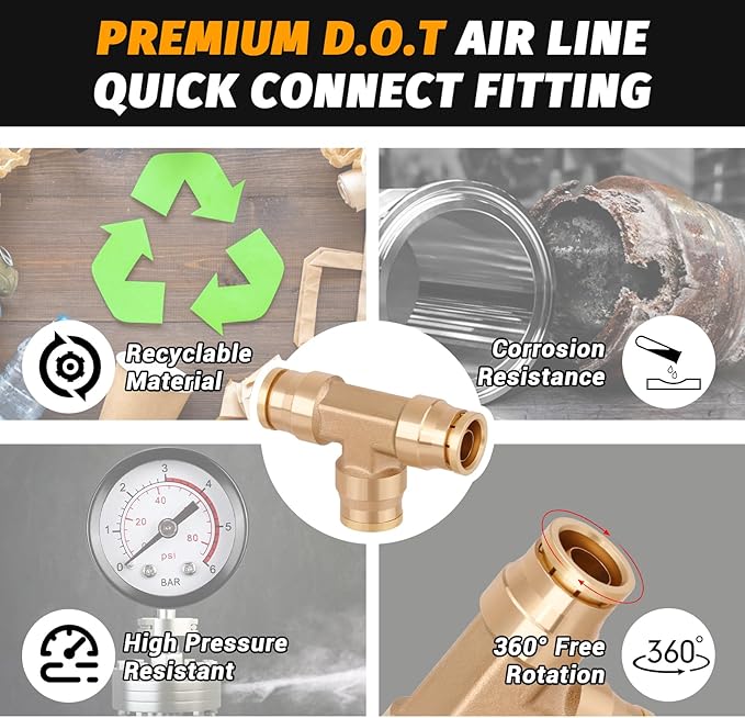 1/2" Tee Union DOT Air Fittings, Quick Push to Connect Fittings Brass Union Tee, 4PCS DOT Approved Air Brake Line Fittings for Trucks Trailers and Industrial Use