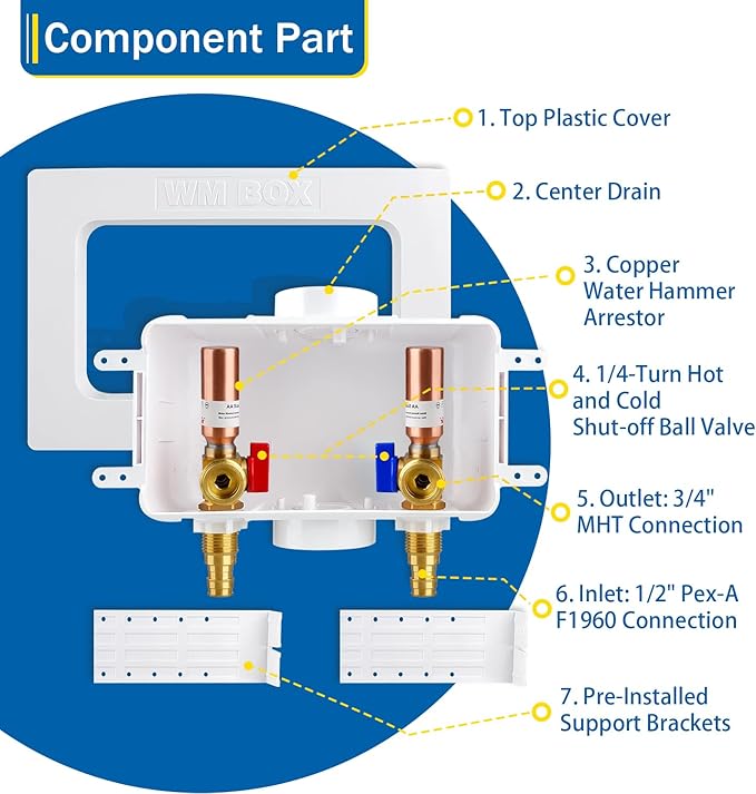 Washing Machine Outlet Box with Center Drain, 1/2" Sweat MIP Inlet x 3/4" MHT Outlet Connection with Hot and Cold 1/4-turn Shut-off Ball Valve and Copper Water Hammer Arrestor