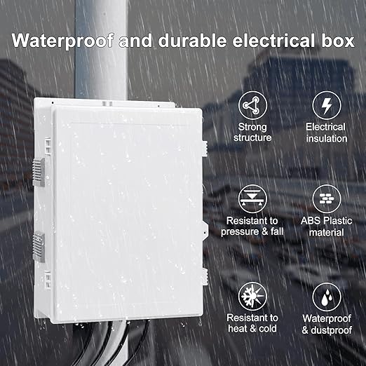 Outdoor Electrical Junction Box with High Power Outlet, ABS Water Resistant Enclosure with Internal Mounting Panel & Hinged Cover. (18.1" H* 12.6" L* 6.3" W & Outlet)