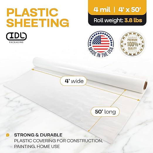 Plastic Sheeting 4 mil, 4' x 50' (200 sq.ft.) - Thick Semi-Clear Plastic Sheeting for Painting, Constructionm, Drop Cloth - Heavy Duty Plastic Sheeting - LDPE Film Roll by IDL Packaging