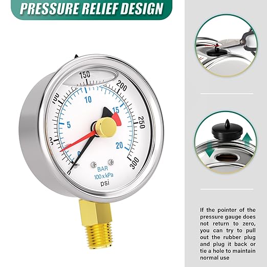 0-300PSI Stainless Steel with Reset Pointer Liquid Filled Pressure Gauge, 2.5" Dial Size, 1/4" NPT Lower Mount, for Tube, Water Pump, Gas, Liquid, Pressure Test