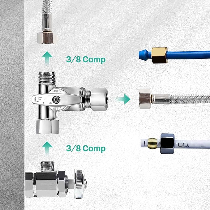 Brass 2Pcs Chrome-Plated Add-A-Tee 3-Way, 3/8 Inch Angle Stop Valve for Reverse Osmosis Water Filters, Ice Maker, Refrigerator