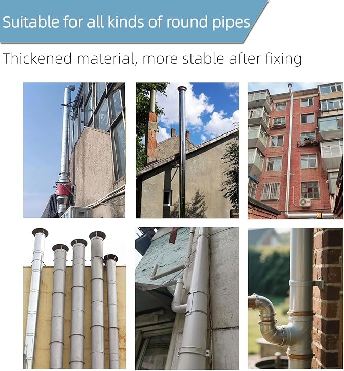 2 Sets 10 Inch Adjustable Pipe Hanger Strap，Heavy Duty Galvanized Iron Stove Pipe Bracket，Wall Support Chimney Pipe Holder，Round Split Ring Vent Conduit Carrier Kit，with All Mounting Screws