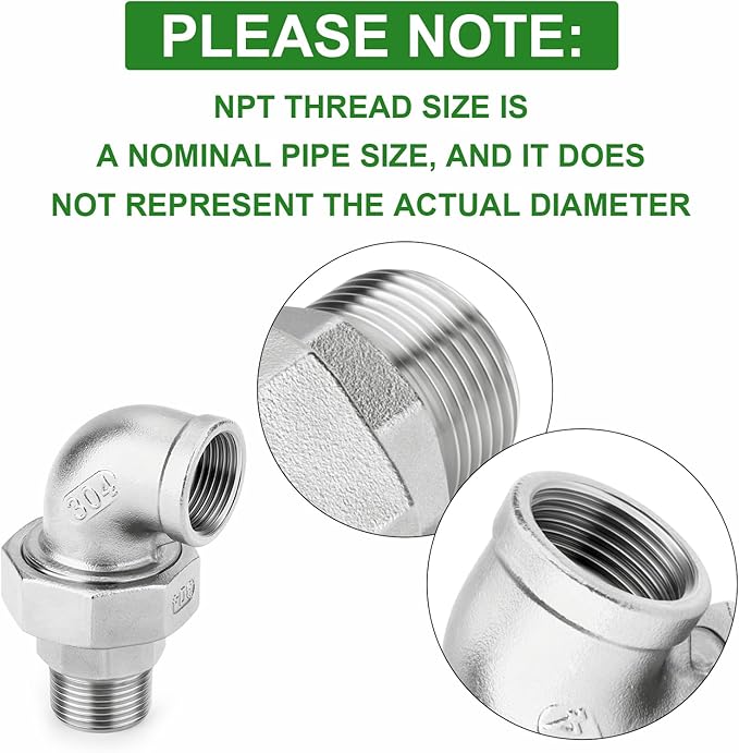 TAISHER 2PCS 304 Stainless Steel 90 Degree Elbow Union，3/8" NPT Female x 3/8" NPT Male Cast Pipe Fitting