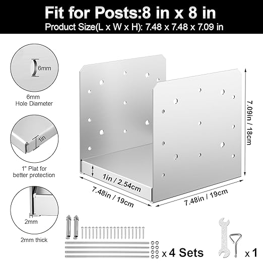 8"x 8" Post Base, 4Pcs Stainless Steel Adjustable Post Anchor Bracket(Internal 7.5" x 7.5"), Adjustable Post Base for Pavilion Deck Porch Handrail Railing Support Decorative Anchor Plate