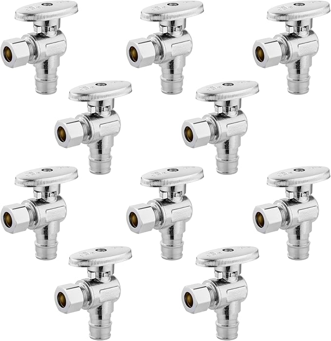 Angle Stop Valve,1/2 Inch Pex Expansion X 3/8 Inch OD Compression Angle Shut-off Valve with 1/4 Turn on/off (Pack of 10,ASTM F1960)(VALVE094-10Pack)