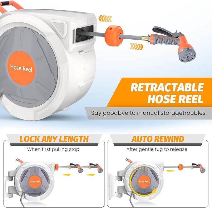 Retractable Garden Hose Reel 5/8 in x 100 Ft, EliteEdge Wall Mounted Garden Hose Reel, with 9 Function Sprayer Nozzle, Any Length Lock, Lock/Automatic Slow Return System, 180° Swivel Bracket