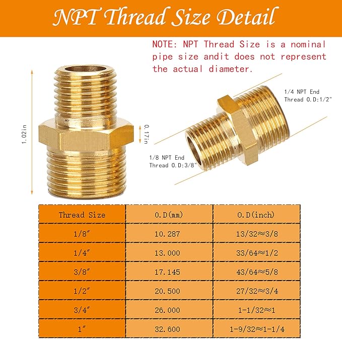 2Pcs 1/4" NPT x 1/8" NPT Solid Brass Fitting Pipe Fitting, 1/4 to 1/8 Hose Adapter Brass Hex Fitting, 1/4to 1/8Male to Male NPT Threaded Reducing Union Fitting