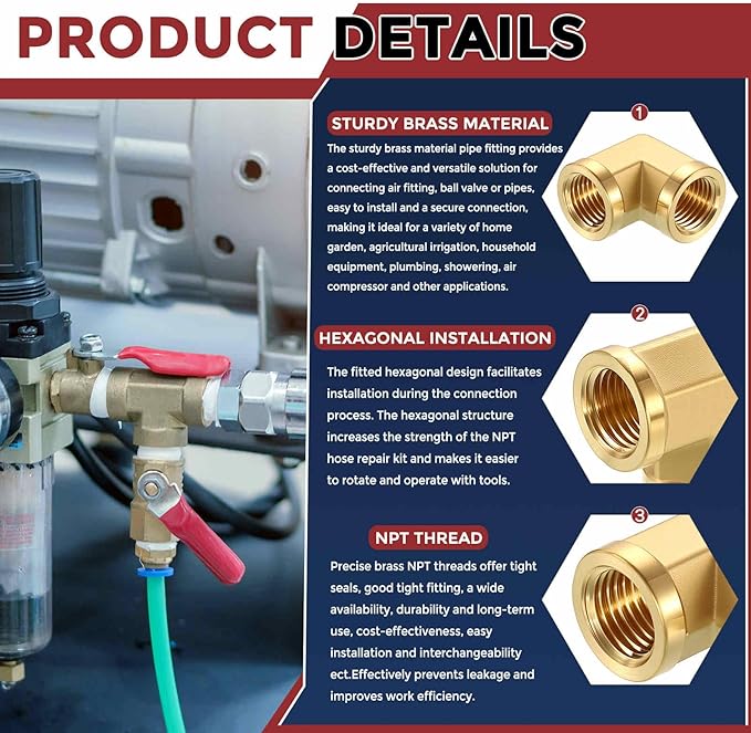 Pack of 2, 90 ° 3/8" NPT FeMale to 3/8" NPT FeMale Solid Brass Barstock Street Elbow, Forged Pipe Fitting for Pipe Leak Repair, Bathroom Remodeling, Tool Extension, Compression