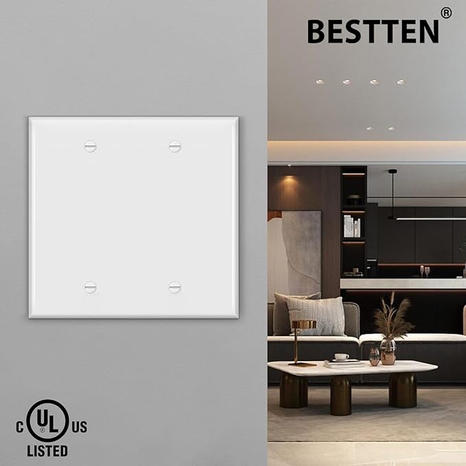 [2 Pack] BESTTEN 2-Gang No Device Blank Wall Plate, H4.53” x W4.57”, Standard Size, Unbreakable Polycarbonate Thermoplastic Outlet cover, UL Listed, White