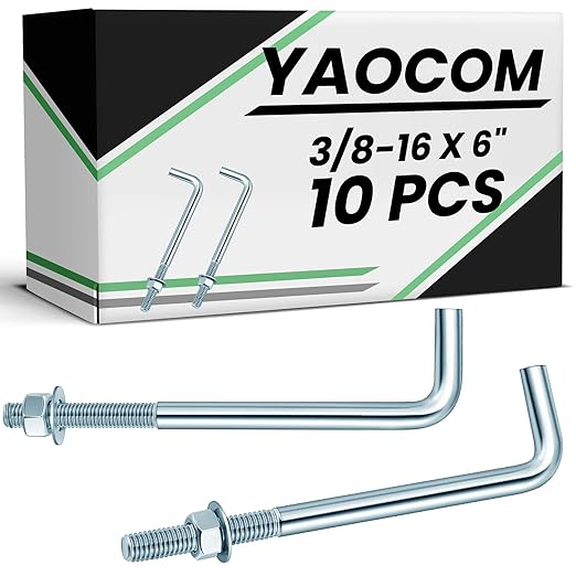 10 Pcs J Bolt Galvanized Anchor Bolts Galvanized Concrete Fastener Concrete Cement Post Anchor with Nuts and Washers for Foundation Wall Hardware Brick Projects, Gray(3/8-16 x 6)