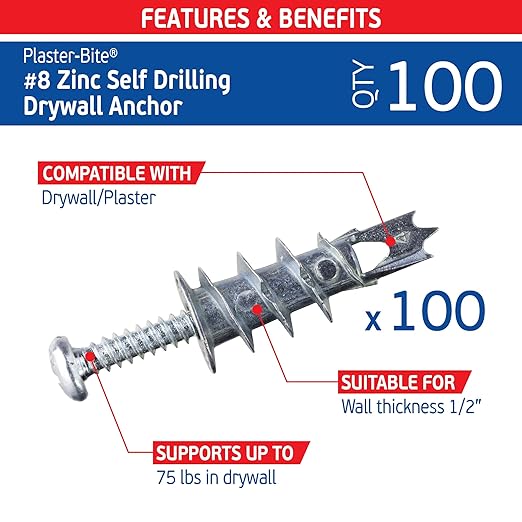 Zinc Plaster Bite Self-Drilling Drywall Anchors w/Screws (100 Anchors & 100 Screws) – Heavy Duty Zinc Hollow Wall Anchor Kit for 3/8", 1/2", 5/8" Drywall – 75 lbs Holding Strength