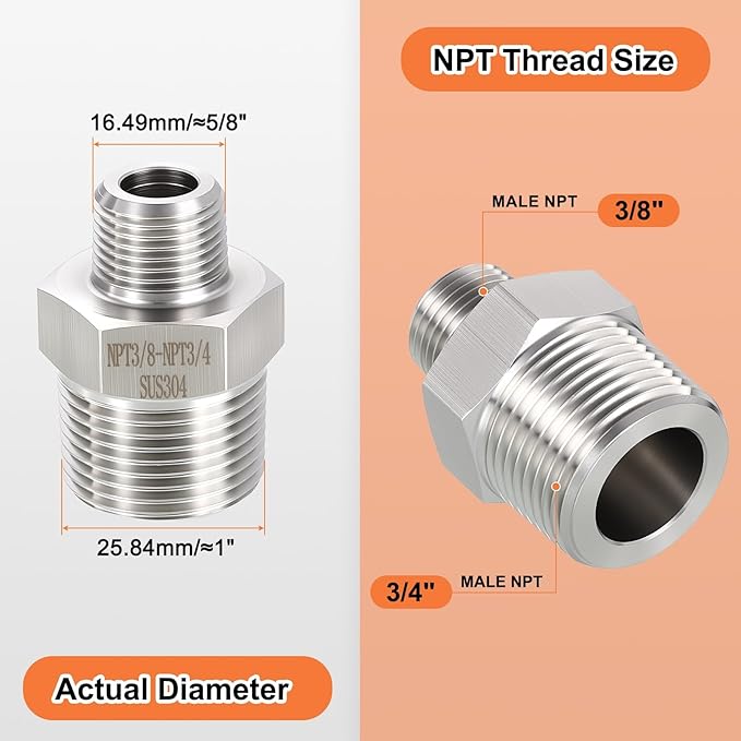 2 Pack 304 Stainless Steel Male to Male Adapter, 3/4" Male NPT x 3/8" Male NPT Hex Nipple Pipe Extension Fitting for Industrial, Automotive, Fluid Transfer, Home Gardening, Water