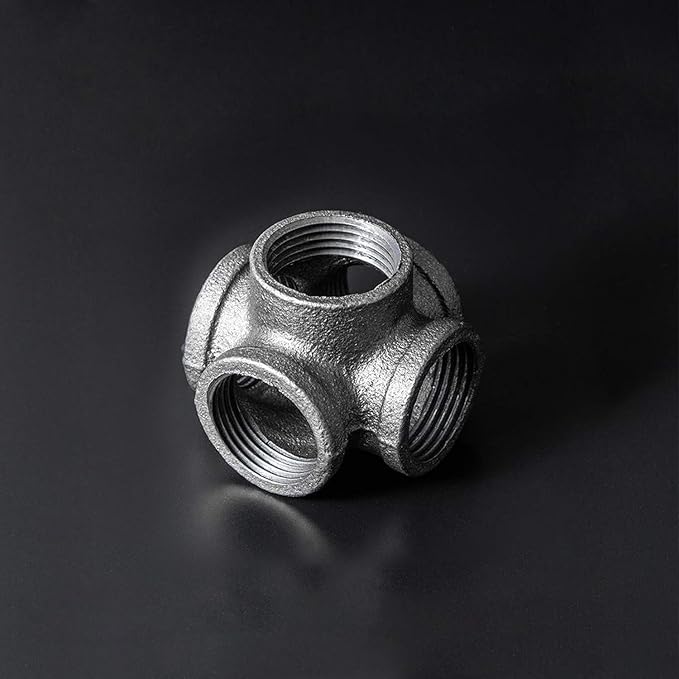 3/4" 5-Way Side Outlet Tee, Home TZH 4-Pack 5-Way Corner Gray Malleable Cast Iron Pipe Fitting for Industrial Pipe, Furniture and DIY Decoration (4, 3/4")