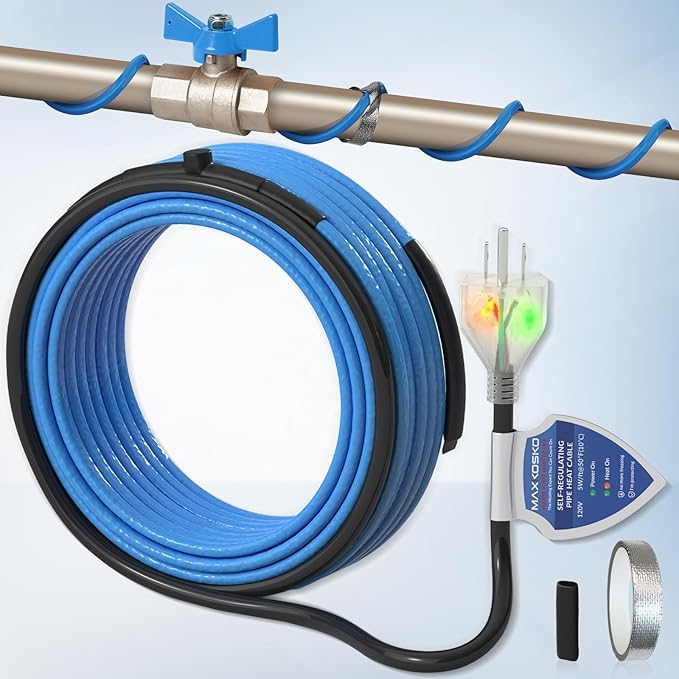 MAXKOSKO 30Ft. 120V Dual Lights Pipe Heating Tape, Self-Regulating Heat Trace for Metal & Plastic Water Pipes, Frost Protection for RV, Drain, Sewer (-40°F/-48°C)