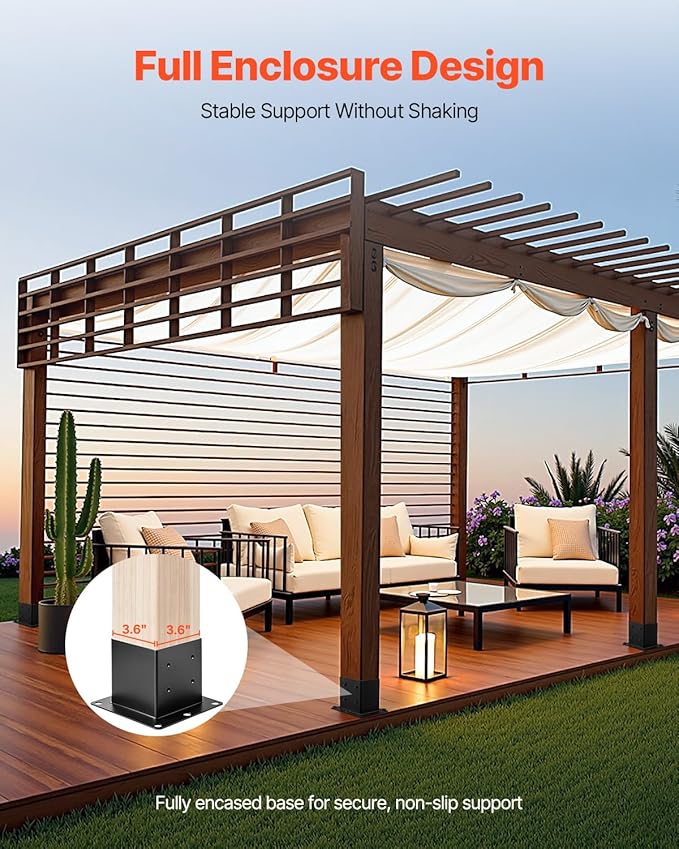 VEVOR 4x4 Post Base 8 Pcs, Inner Size 3.6x3.6 inch / 92x92 mm Post Brackets, Heavy Duty Carbon Steel Decking Posts, Wood Posts Brackets for Pavilion Deck Railing Support Deck Base Plate, Black