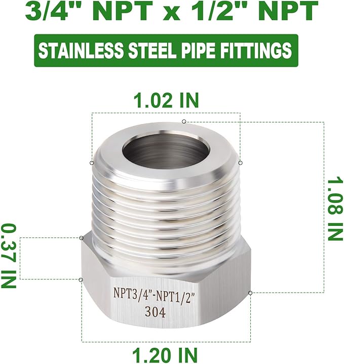 TAISHER 2PCS Forging of 304 Stainless Steel Reducer Hex Bushing, 3/4" Male NPT to 1/2" Female NPT, Reducing Forging Pipe Adapter Fitting