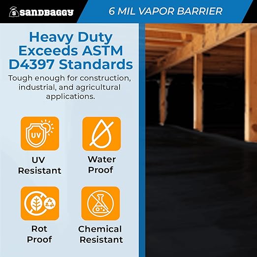 Sandbaggy 20 ft x 100 ft Vapor Barrier 6 Mil | Polyethylene | Black Plastic Sheeting Rolls | Moisture Barrier for Crawl Spaces, Concrete and Laminate Underlayment, Walls (1 Roll)
